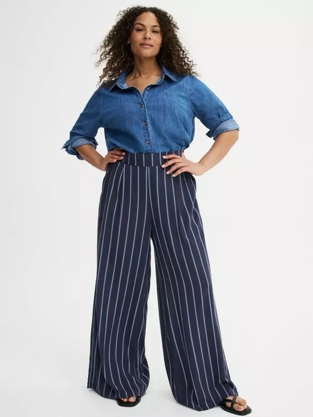 Classic Torrid Wide-Leg, High Rise Stripe Pants In Navy/Light Blue